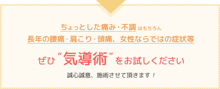 ちょっとした痛み・不調はもちろん、長年の腰痛・肩こり・頭痛、女性ならではの症状等、ぜひ気導術をお試しください